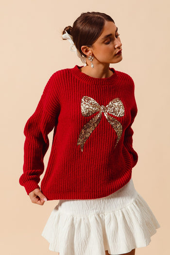 So Me Sequin Ribbon Sweater in Red/Gold