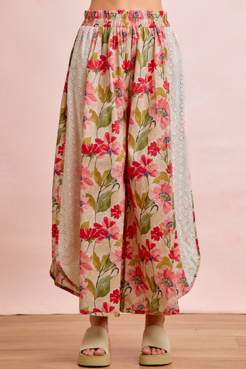 BiBi Eyelet Side Elastic Waist Wide Leg Pants in Floral