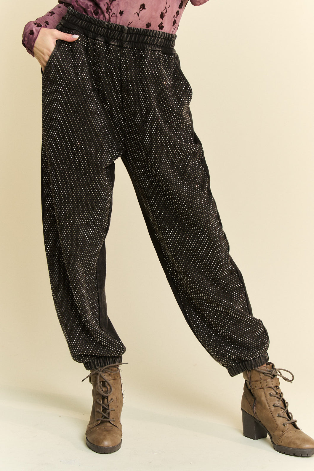 Davi & Dani Mineral Washed Joggers with Rhinestones in Black