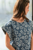 BiBi Textured Floral Top with Pearl Embellished Sleeve Cuffs in Denim