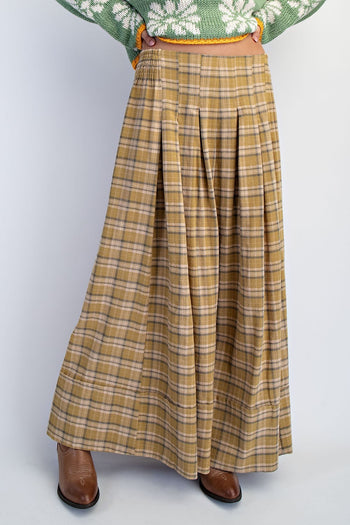Cotierra Low Waisted Plaid Wide Leg Pants in Moss Green Checker