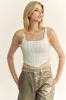 Davi & Dani Sheer Mesh Pearl and Stone Embellished Top in Nude