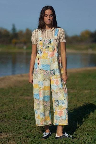 【Maison Special 】Flower motif overalls Davi & Dani Flower Patchwork Print Overall in Patchwork Denim