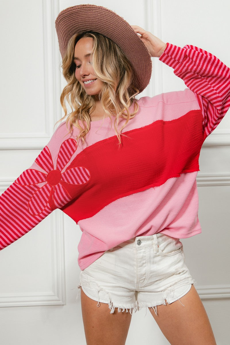 BiBi Mixed Textured Top with Flower Patch in Pink – June Adel