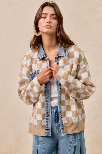 BiBi Sweater Knit Checkered and Denim Trim Jacket in Latte