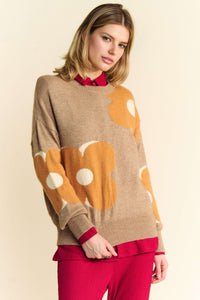 Davi & Dani Large Flower Print Sweater in Beige Orange