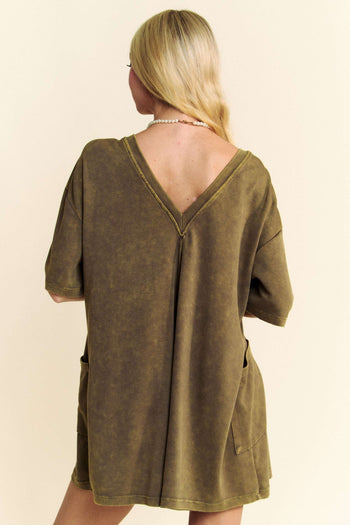 Davi & Dani Soft Knit Mineral Washed V Back Romper in Olive