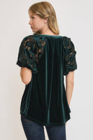 Umgee Velvet Split Neck Top with Lace Sleeves in Teal Green
