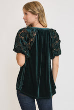 Load image into Gallery viewer, Umgee Velvet Split Neck Top with Lace Sleeves in Teal Green
