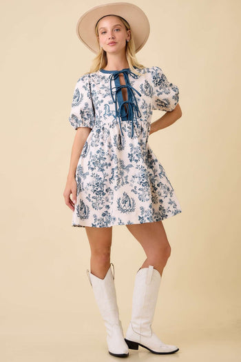 Main Strip Vintage Horse Toile Print Denim Mini Dress in Dark Navy