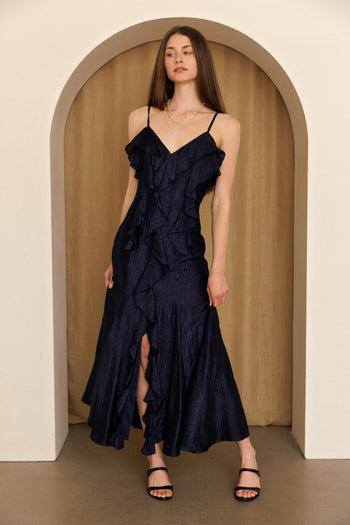 Storia Cascade Ruffle Maxi Dress in Navy