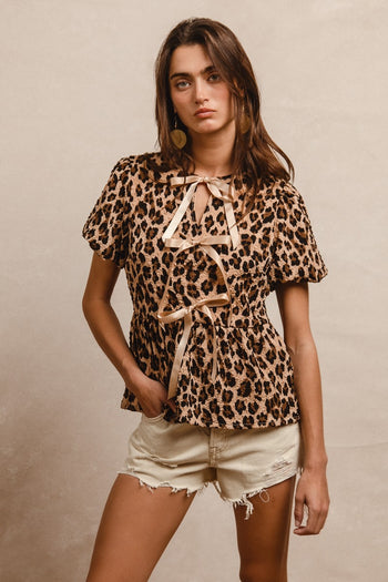 BiBi Textured Peplum Top with Ribbon Ties in Leopard