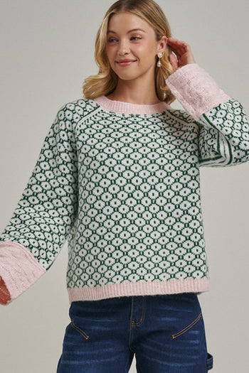 BON Soft Jacquard Geometric Sweater in Green/Blush