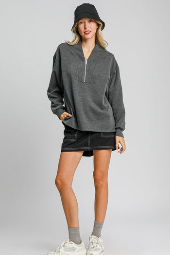 Umgee LuxeKnit High Neck Sweatshirt in Charcoal