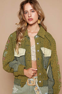 POL Quilted Jacket with Embroidered Sleeves in Basil Multi