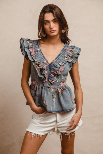 BiBi Washed Denim Top with Floral Print in Denim