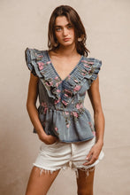 Load image into Gallery viewer, BiBi Washed Denim Top with Floral Print in Denim
