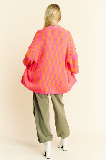Davi & Dani Two Toned Mixed Checkered Print Open Front Cardigan in Pink Orange