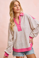 BiBi Floral Print Thermal Faux Button Collar Top in Ivory/Fuchsia