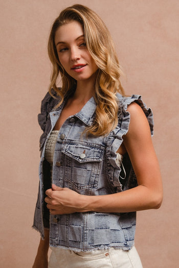 BiBi Vintage Washed Gingham Vest in Denim