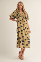 Jodifl Puff Sleeves Polka Dot Midi Dress in Golden Olive/ Navy