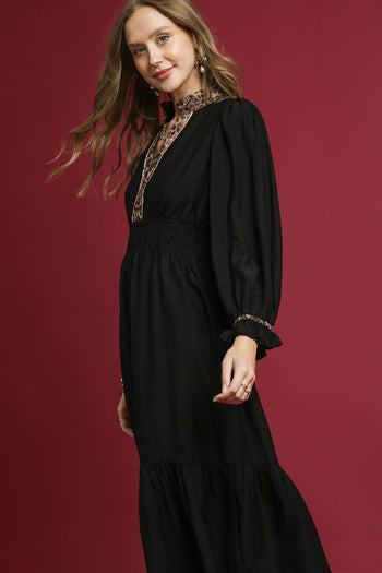 Umgee Leopard Trimmed Midi Dress in Black ON ORDER