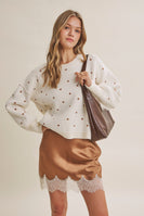 In February French Casual Contrast Polka Dot Cotton Blend Sweater in Cream/Camel