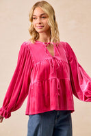 BiBi Velvet Bow Tie Tiered Top in Fuchsia