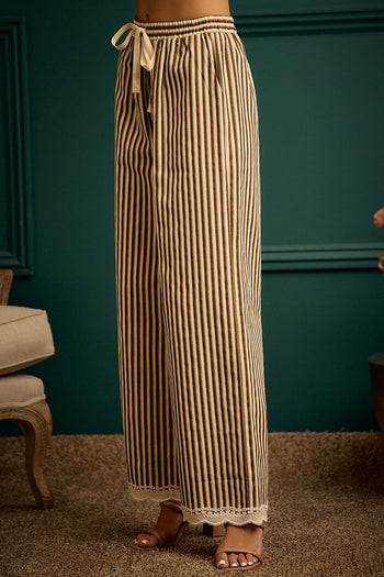 So Me Twill Stripe Banding Waist Lace Trim Hem Pants in Brown/Ivory