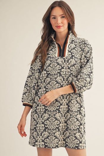 Jodifl Front Half Zip Up Baroque Floral Pattern Dress in Black