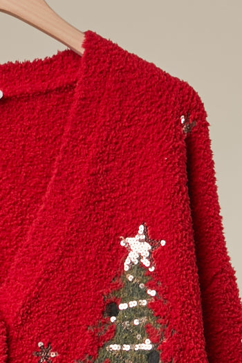 mello. Christmas Tree Embroidered Soft Cardigan in Red