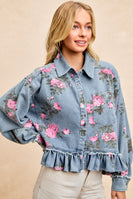 BiBi Peplum Floral Print Denim Button Down Top in Washed Denim