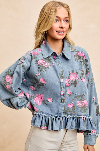 BiBi Peplum Floral Print Denim Button Down Top in Washed Denim