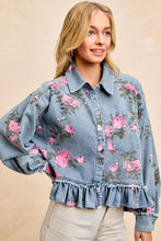 Load image into Gallery viewer, BiBi Peplum Floral Print Denim Button Down Top in Washed Denim
