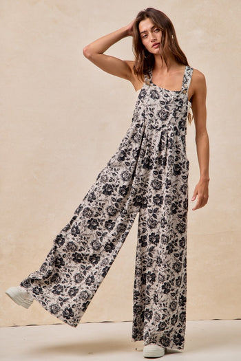 BiBi Mineral Washed Denim Rose Print Wide Leg Jumpsuit in Grey/Black