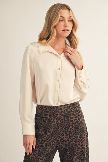 Jodifl Scallop Trim Detail Button Down Satin Top in Champagne