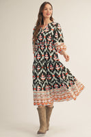 Jodifl Boho Print Tiered Midi Dress in Olive Mix
