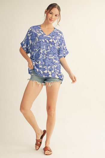 Jodifl Drop Shoulder Floral Loose Fit Top in Blue
