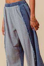 Load image into Gallery viewer, So Me Denim and French Terry Distressed Wide Leg Pants in Denim/Light Grey
