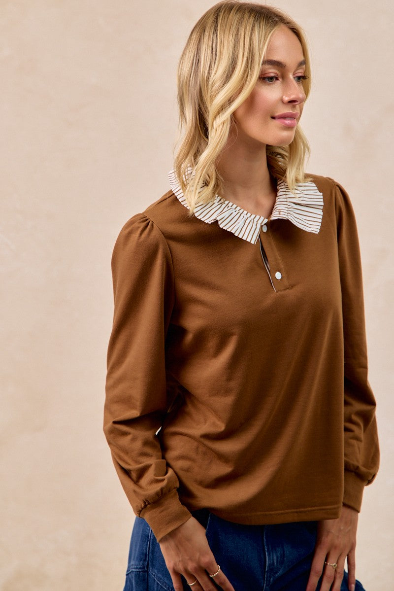 BiBi French Terry Top with Contrasting Striped Ruffle Collar in