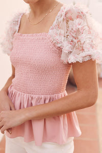 In February Smocked Babydoll Top with Contrasting Sleeves in Soft Pink Shirts & Tops In February   