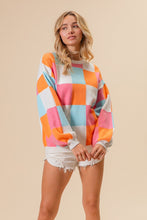 Load image into Gallery viewer, BiBi Multi-Colored Checkered Midweight Sweater in Orange/Pink/Denim
