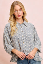 Load image into Gallery viewer, BiBi Floral Embroidery Grid Checked Ruffled Hem Button-Up Top in Navy

