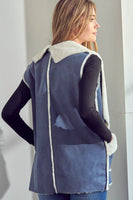 E Luna Open Front Faux Suede Vest in Navy Blue