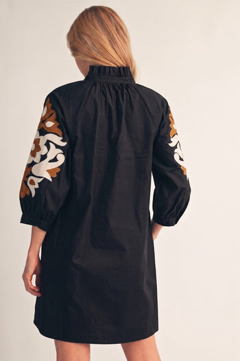 Jodifl Ruffled Neck Baroque Applique Dress in Black