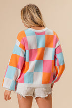 Load image into Gallery viewer, BiBi Multi-Colored Checkered Midweight Sweater in Orange/Pink/Denim
