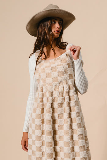 BiBi Checker Print Sherpa Wide Leg Overalls in Ivory/Latte