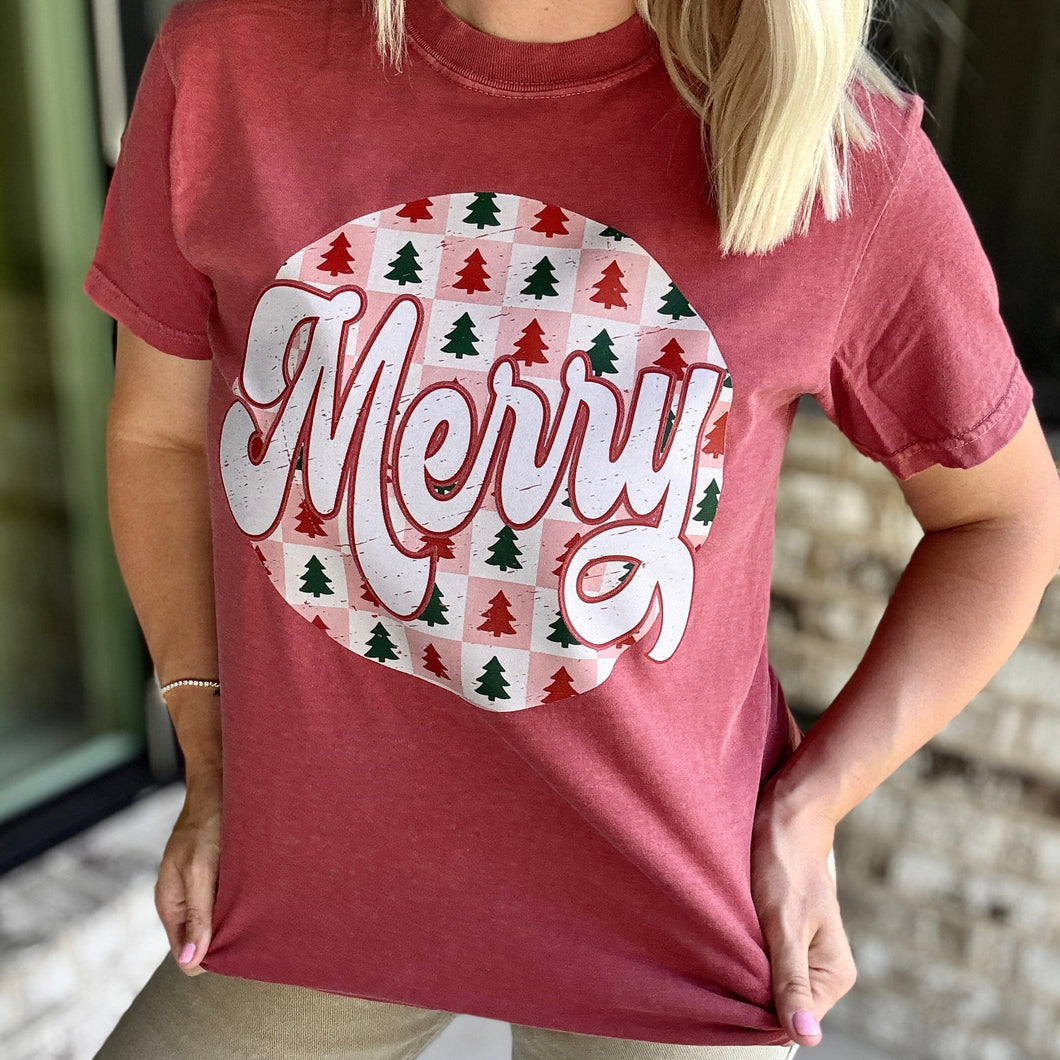 FestiviTees Women - Apparel - Shirts - T-Shirts Checker Merry Circle Graphic Tee