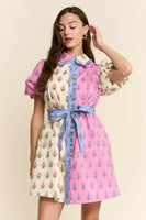 J.nna Colorblock Floral Print Mini Dress in Pink Multi