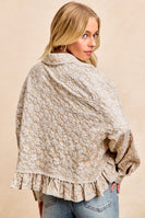 BiBi Textured Floral Ruffle Hem Button Up Top